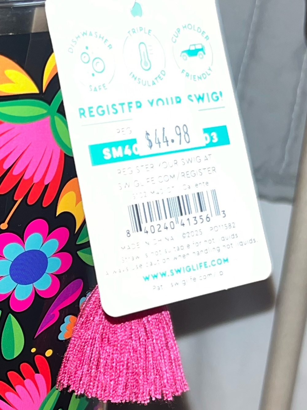 Swig Life Floral Insulated Travel Tumbler in Black with Pink Accents
